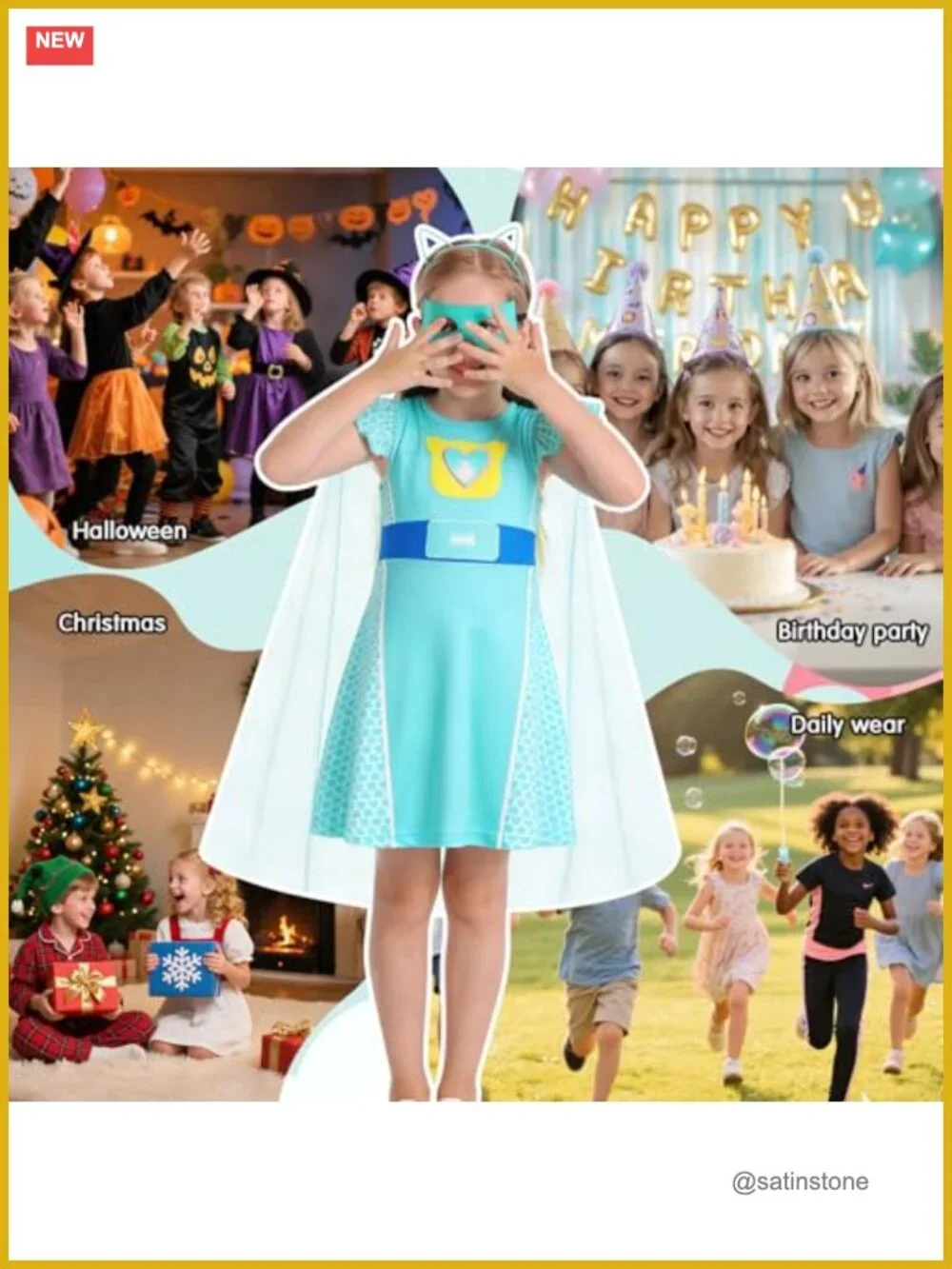 Girls Cosplay Dress with Cape Halloween Fancy Costume Outfit Blue